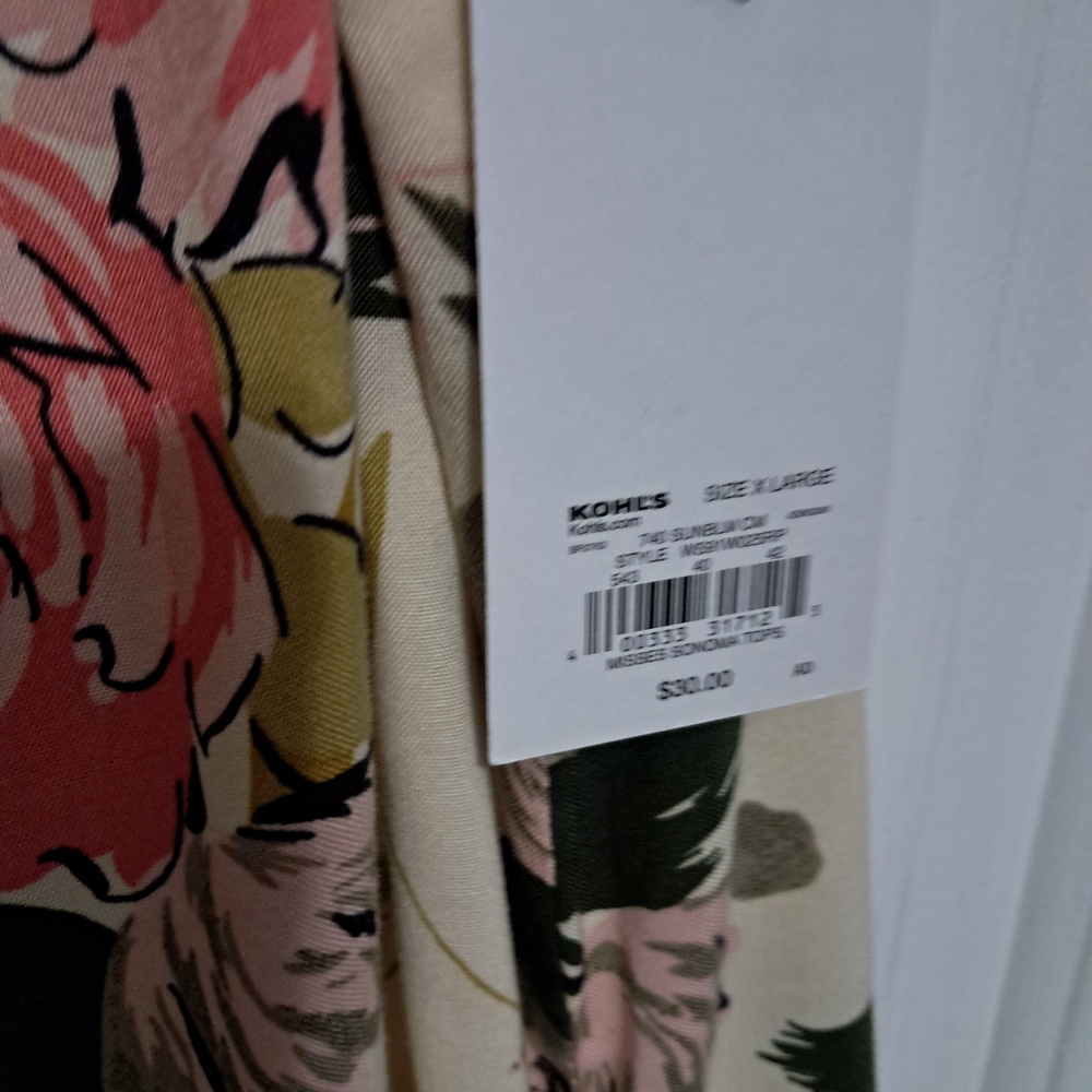 Floral V-Neck Short Sleeve Top - Cream with Pink & Olive - Picture 3 of 10